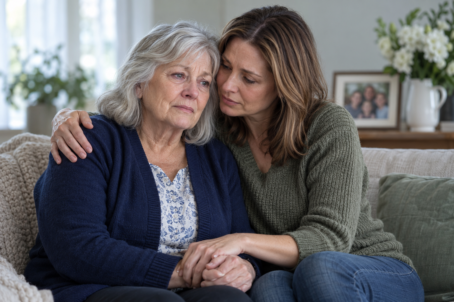 Illustrative scene of a daughter comforting her mother and holding her hand